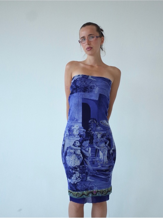 Jean Paul Gaultier Dresses & Skirts - SS1998 Jean Paul Gaultier Frida Khalo Strapless Printed Mesh Dress in Blue